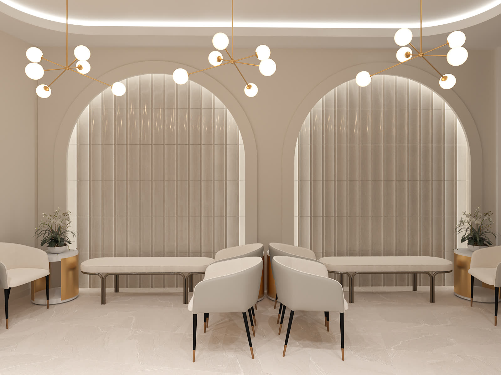 Sala de espera da clínica com bancos claros e plantas